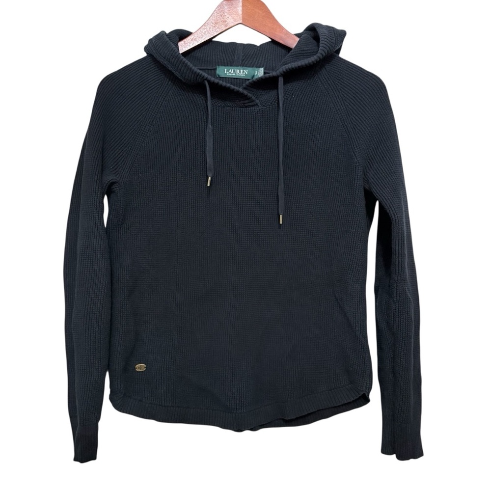 Ralph Lauren Black Waffle-Knit Hooded Long Sleeve Women’s Pullover Shirt Sz S